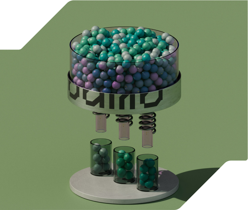 3D illustration depicting a large reservoir of balls being funnelled into multiple smaller containers