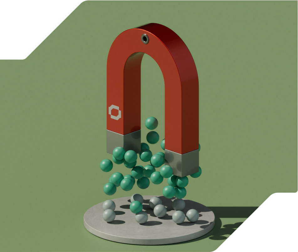 3D illustration depicting a large magnet picking up balls off of a disk's surface