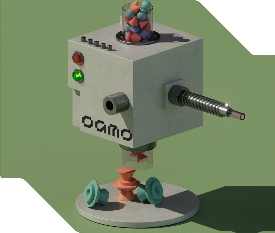 3D illustration of an Oamo machine converting 3D primitive shapes to new shapes which land upon a disk