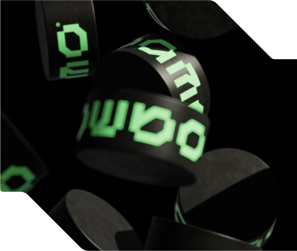 Pucks falling with Oamo branding on the side